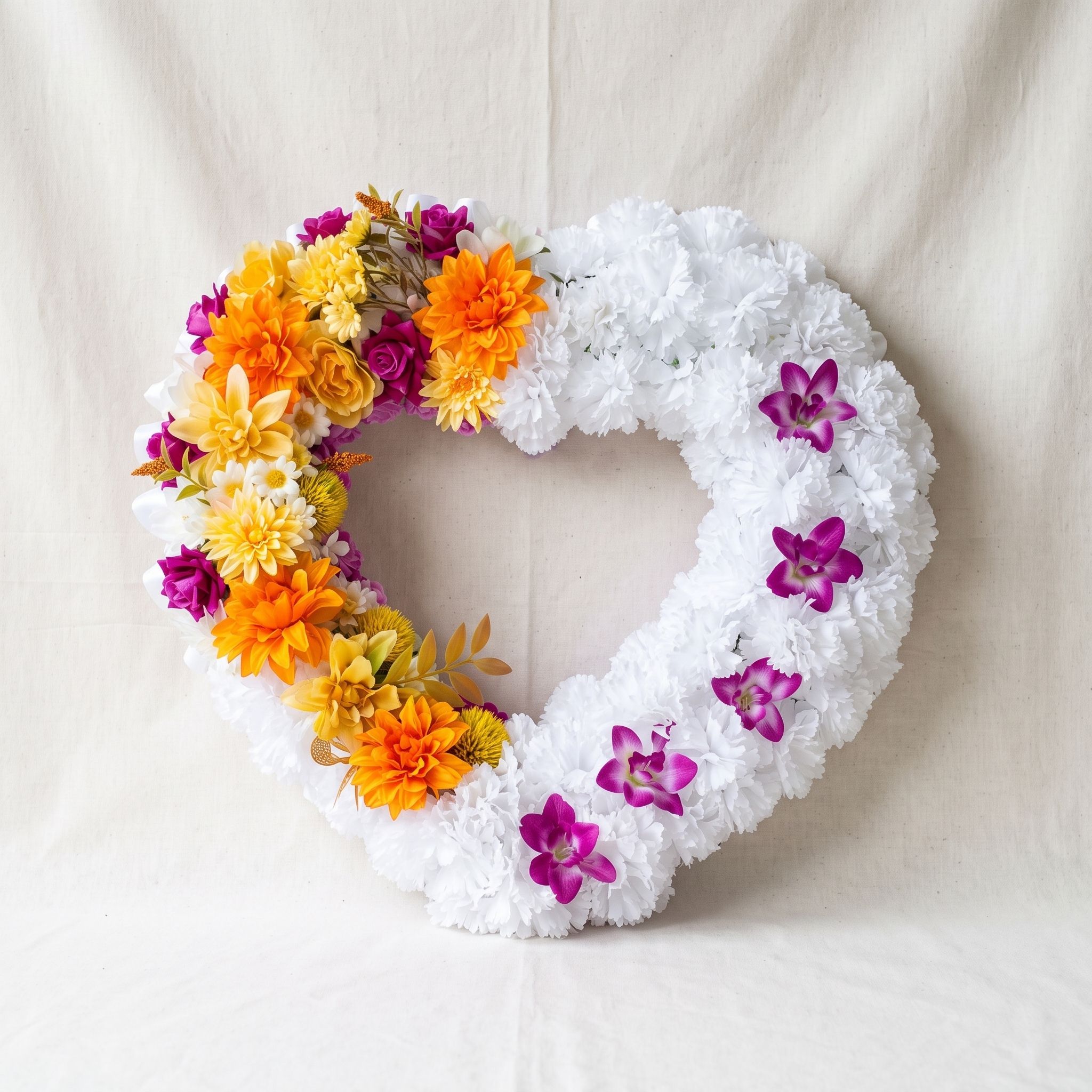 Heart-shaped wreath of white carnations with a cluster of orange, yellow and magenta flowers on the left and purple orchids along the right side.